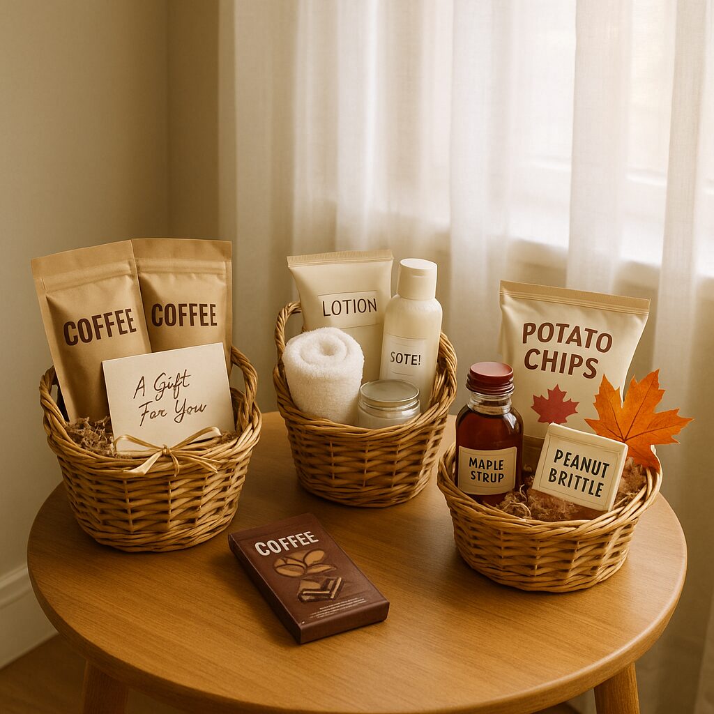 Variety of budget-friendly gifting baskets in Canada featuring coffee kits, self-care items, and local treats on a wooden table in soft daylight.
