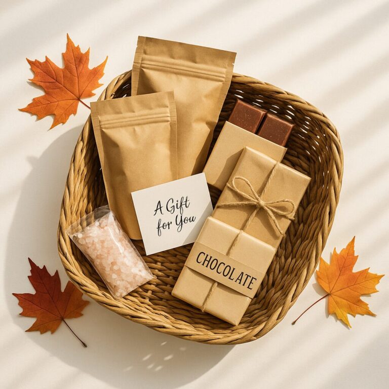 Budget-friendly Canadian gift basket with coffee, chocolate, and self-care items arranged in a rustic wicker basket under natural light.
